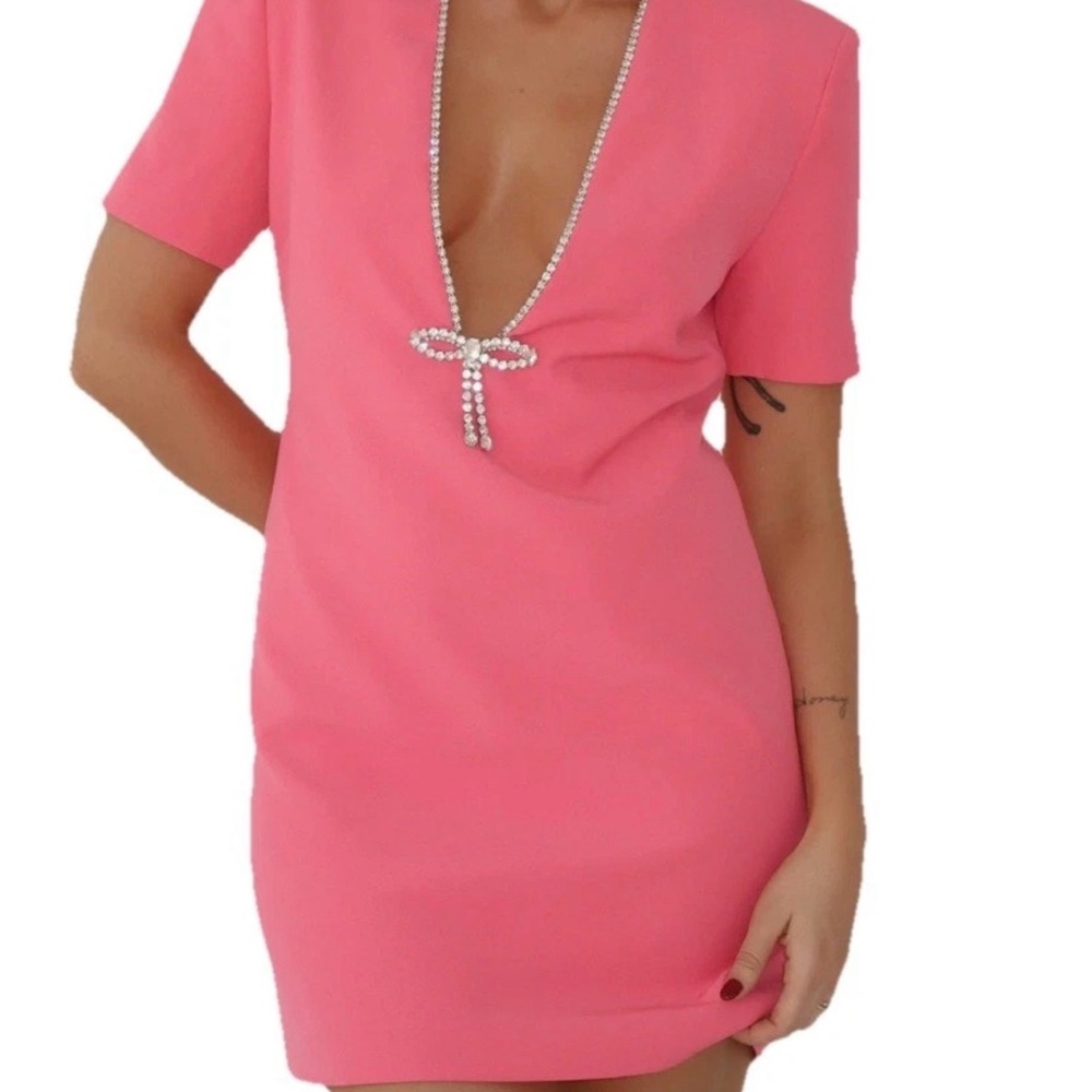 Rumored Disco‎ Mini Dress Womens XS Barbie Core Deep V-Neck Diamond Trim